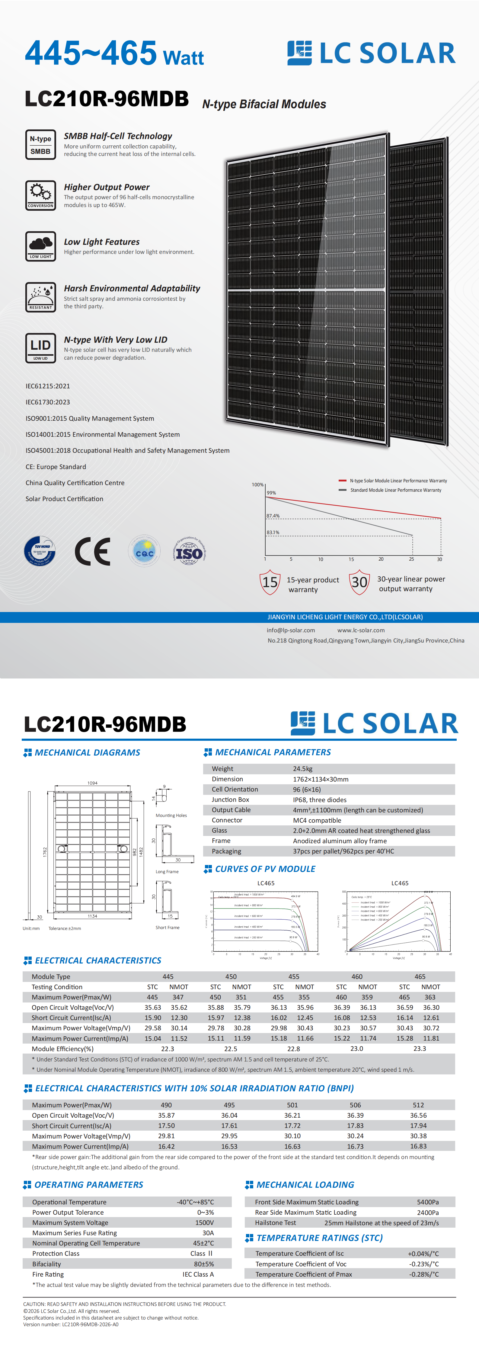 M&oacute;dulo solar de 96 c&eacute;lulas 445-465W 210mm tipo N industrial