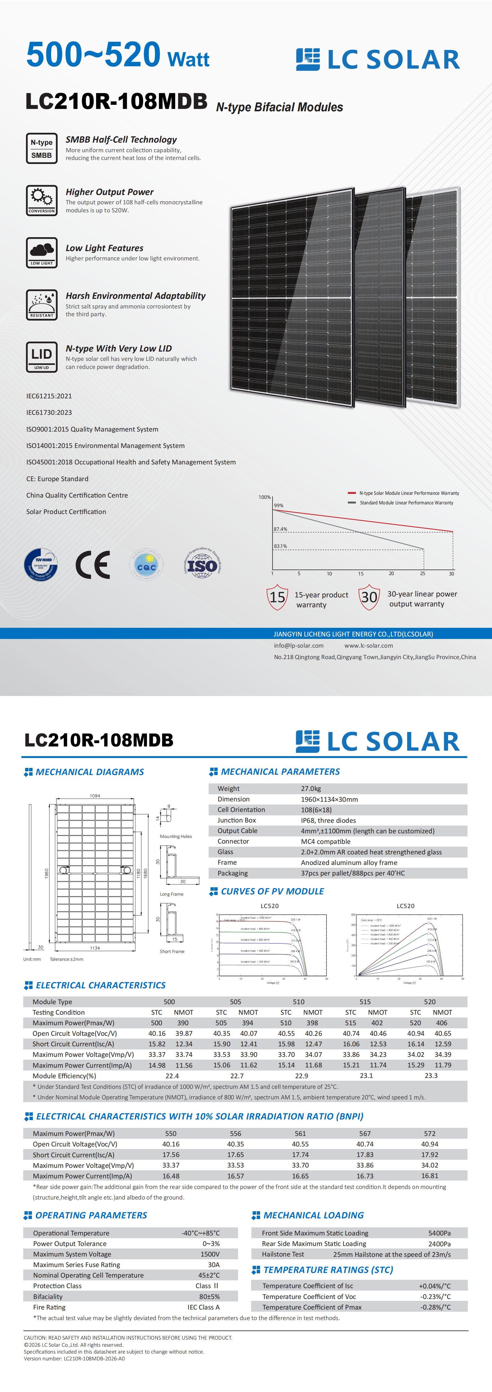 M&oacute;dulo solar de 500-520 W 210 mm e 108 c&eacute;lulas tipo N para montagem no solo
