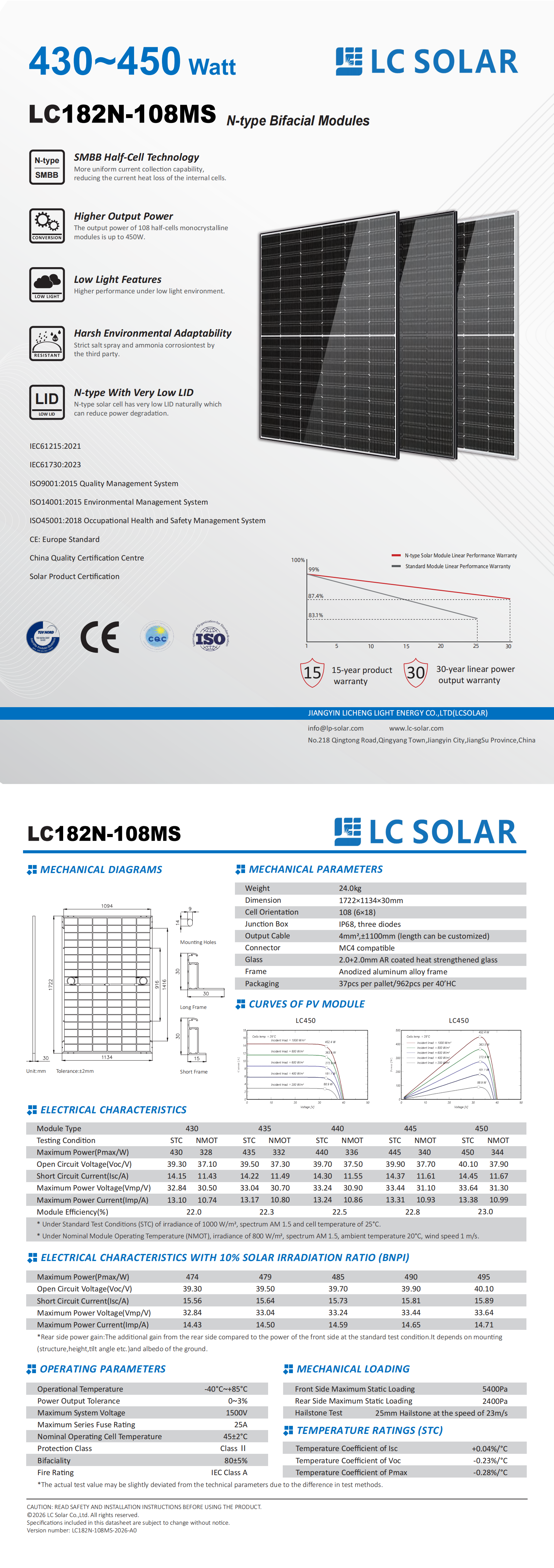M&oacute;dulo solar bifacial tipo N de 430-450 c&eacute;lulas e 108 c&eacute;lulas comercial