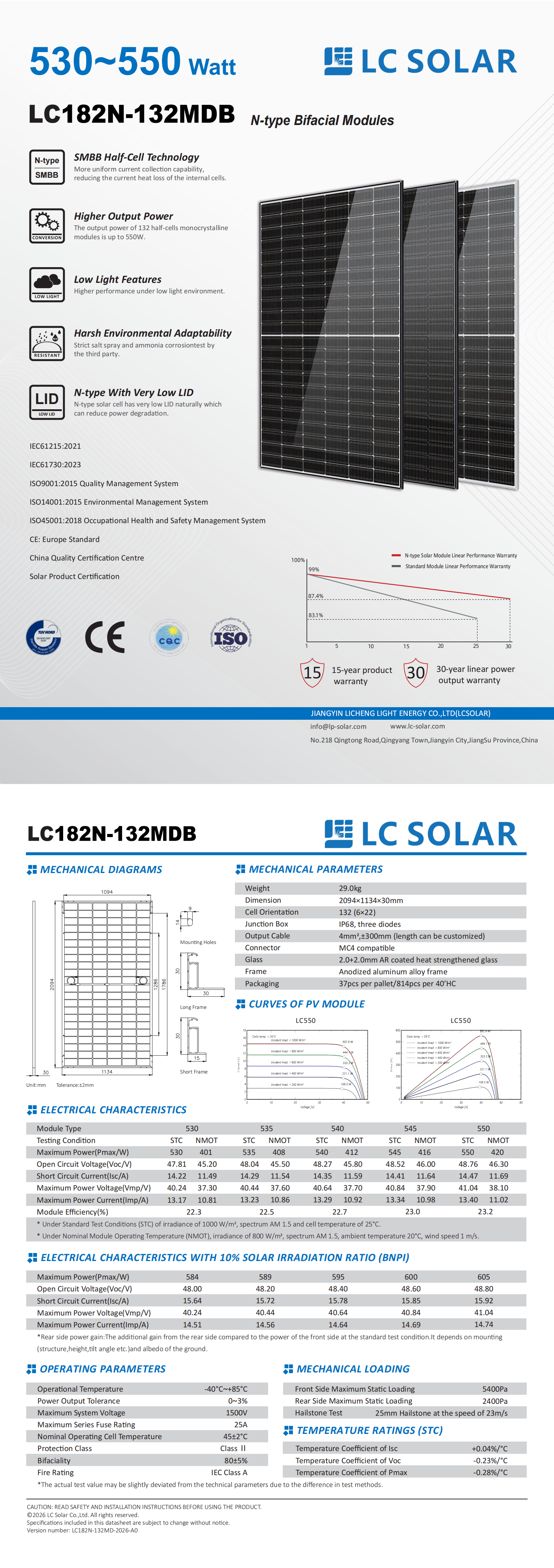 M&oacute;dulo solar de 132 c&eacute;lulas 530-550W 182 mm tipo N conectado &agrave; rede