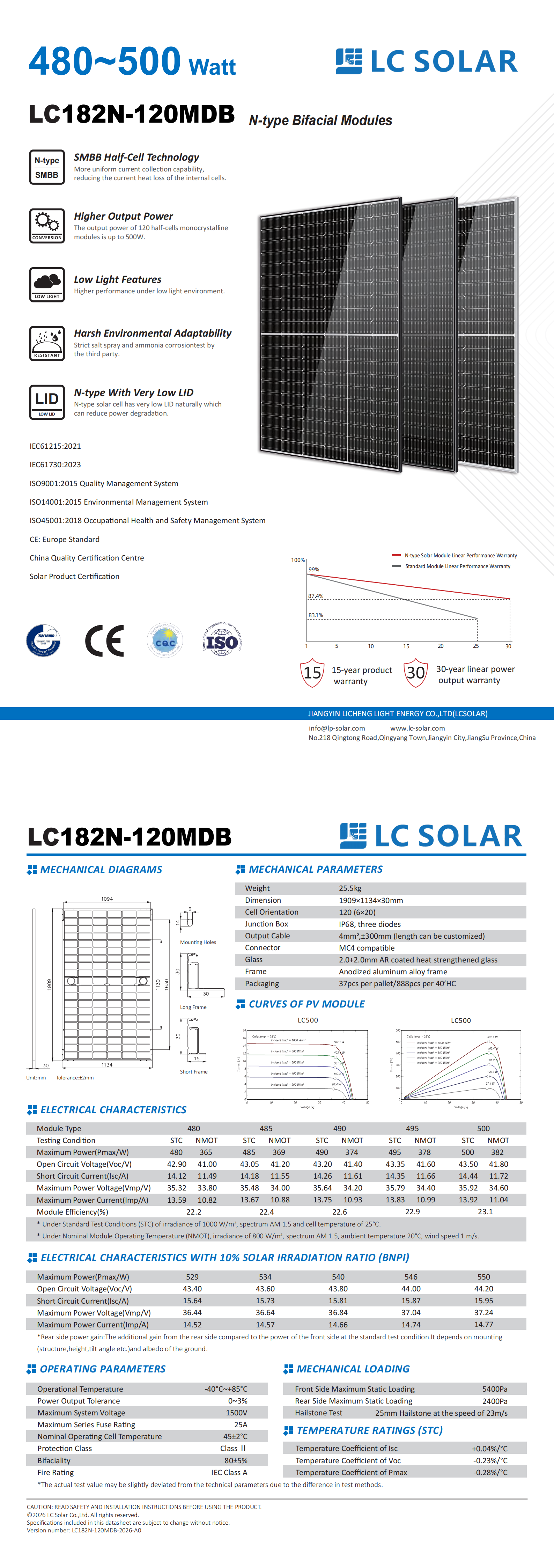 Utilit&aacute;rio bifacial de m&oacute;dulo solar tipo N de 480-500 W 182 mm