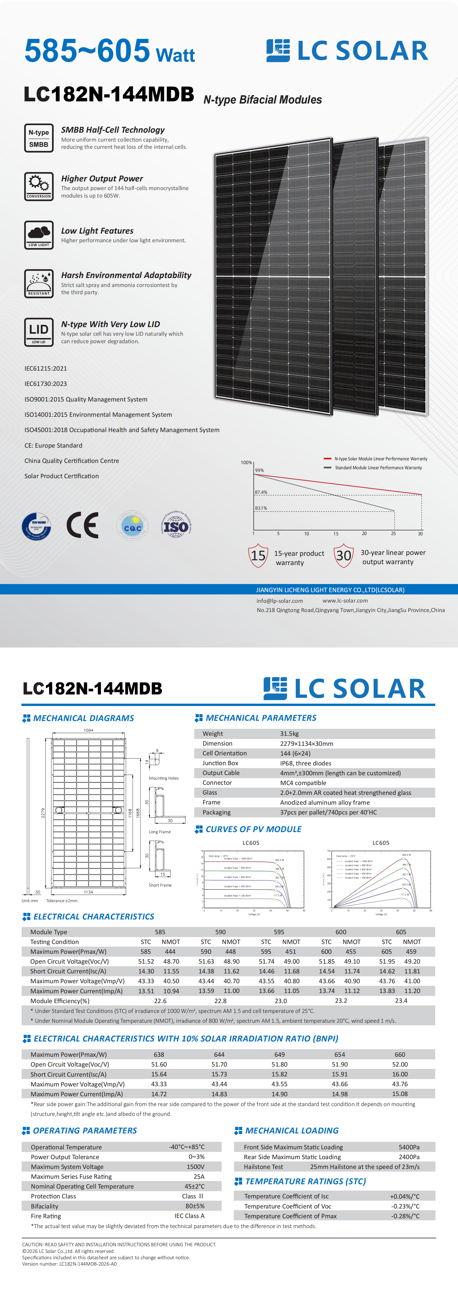 585-605W 182mm M&oacute;dulo solar de 144 c&eacute;lulas Planta fotovoltaica tipo N