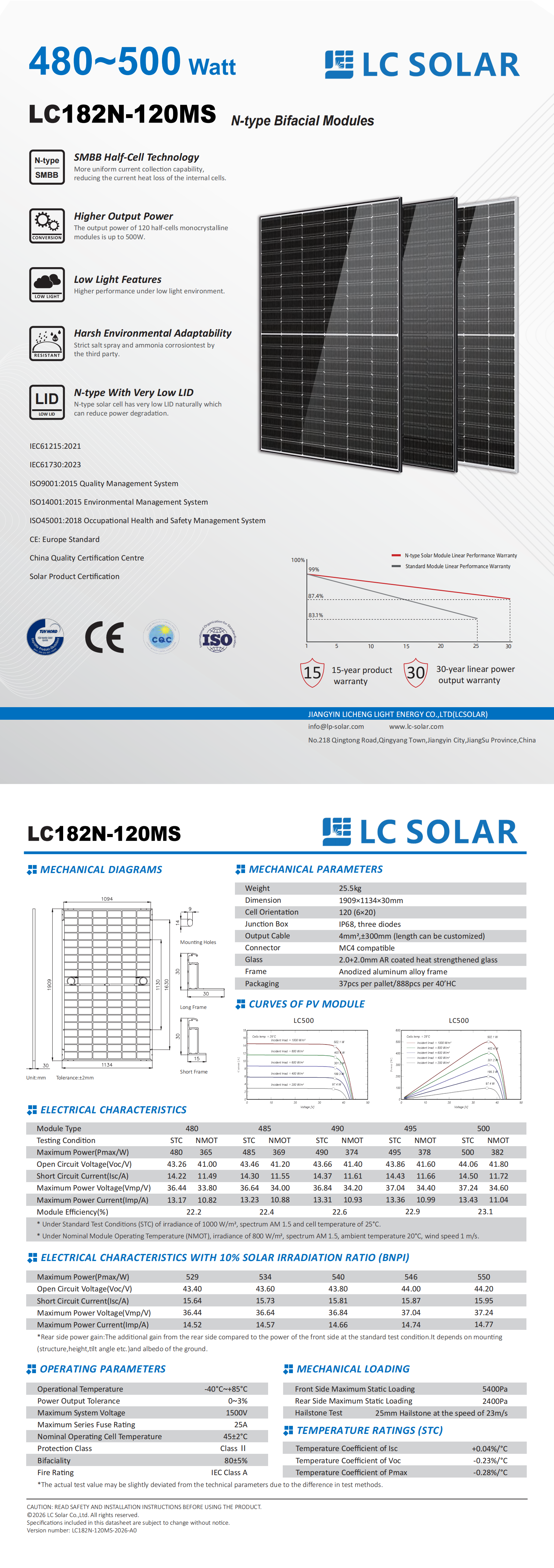 M&oacute;dulo solar de 120 c&eacute;lulas 480-500W 182 mm tipo N de gera&ccedil;&atilde;o distribu&iacute;da