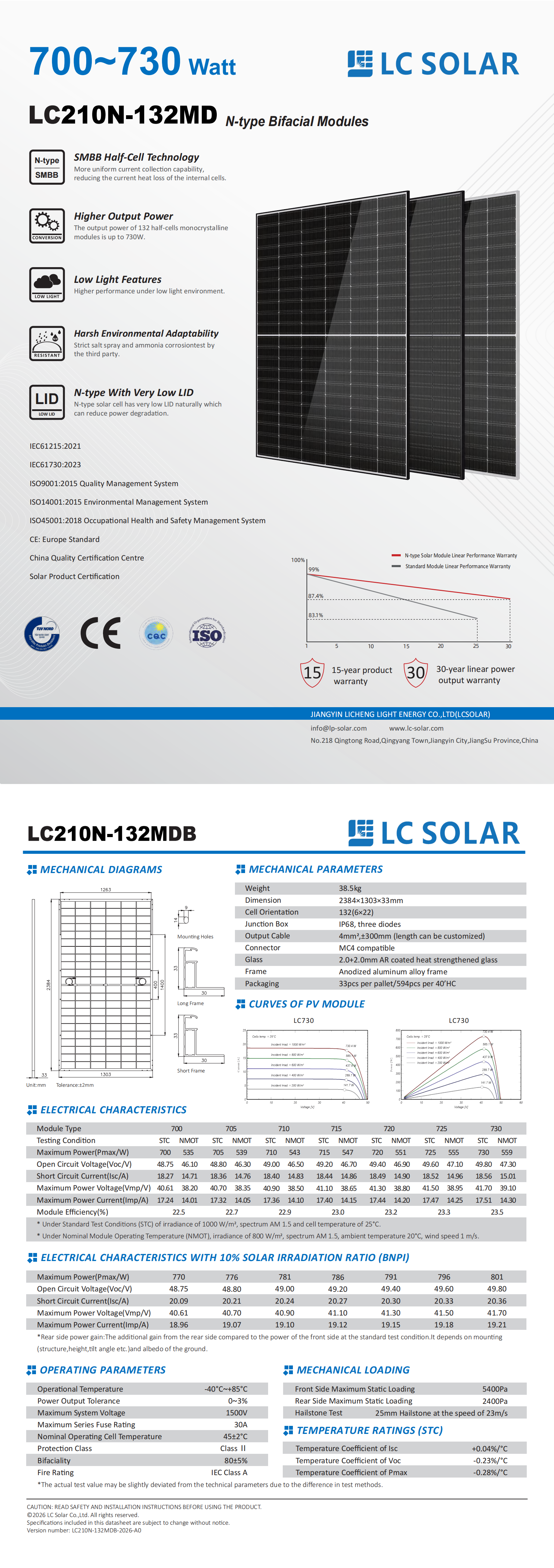 M&oacute;dulo solar de alta pot&ecirc;ncia 700-730W 210 mm tipo N em grande escala